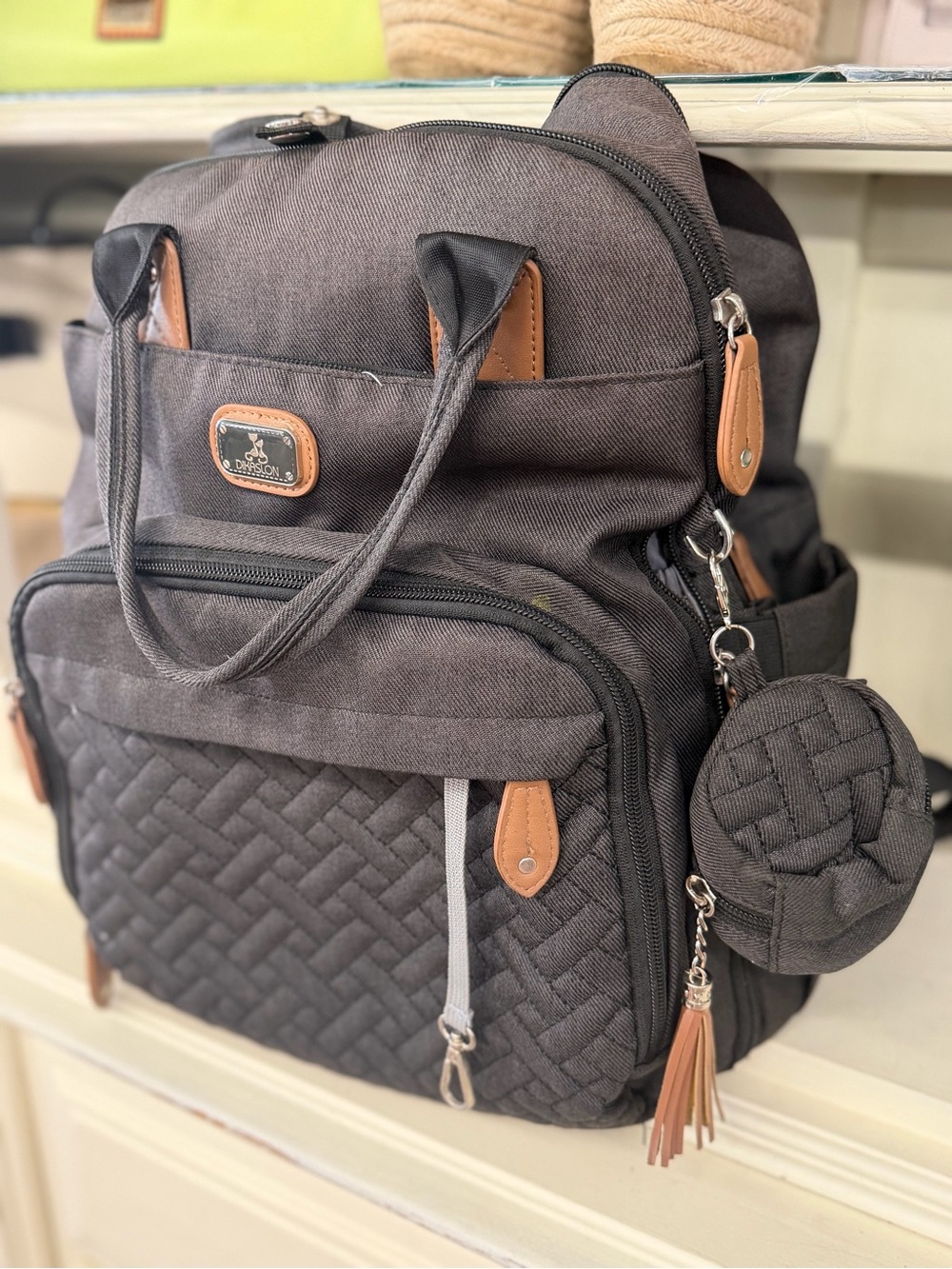 Quilted Gray Diaper Backpack with Tan Accents